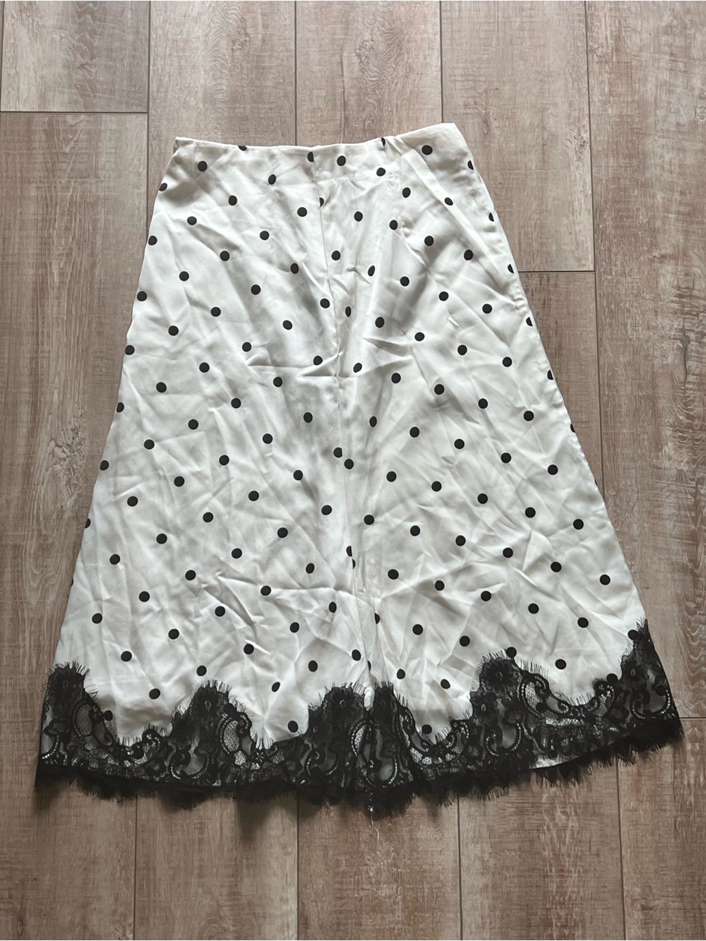 Cider White Polka Dot A-Line Skirt with Black Lace Hem